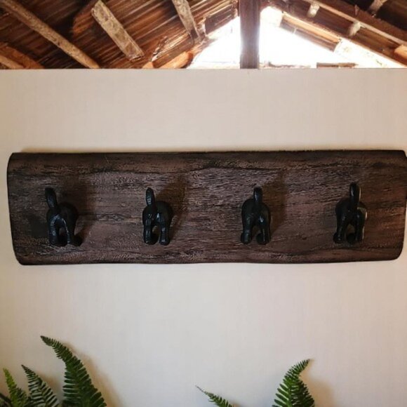 Handmade solid wood with 4 cast iron dog tails rustic  leash / key  hanger 5x16 - Picture 1 of 13
